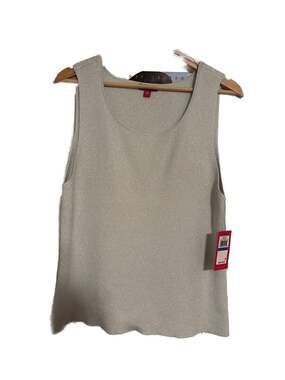 Vince Camuto Shinebright Ribbed Metallic Knit Tank Top in Ivory Silver